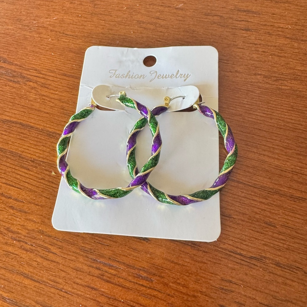 Mardi Gras Purple Green and Gold medium metal Hoop Earrings